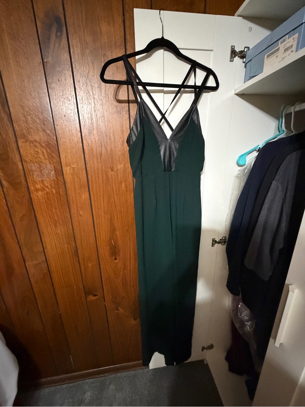 Forever 21 Dark Green jumpsuit with Black Faux-Leather V-Neck size small
